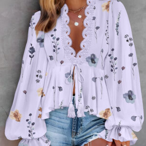 Floral Print Deep V-Neck Lantern Sleeve Casual Contrast Lace Tied Detail Blouse