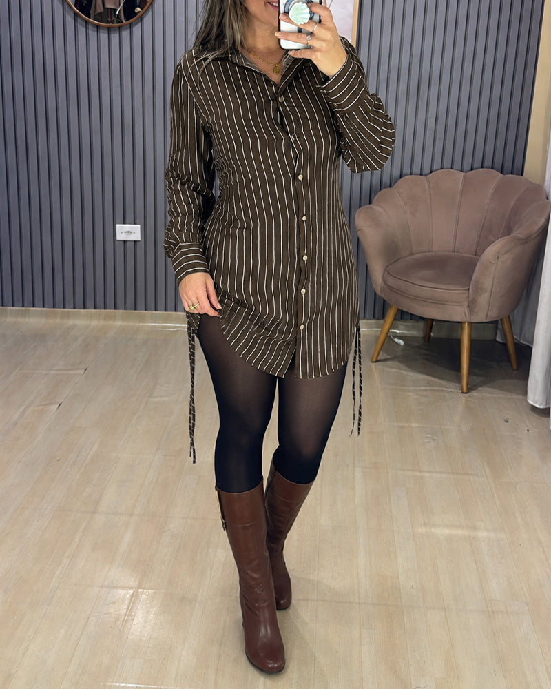 Women's Striped Shirred Back Shirt Dress Ruched Side Drawstring Long Sleeve Button Down Mini Dress - Image 3