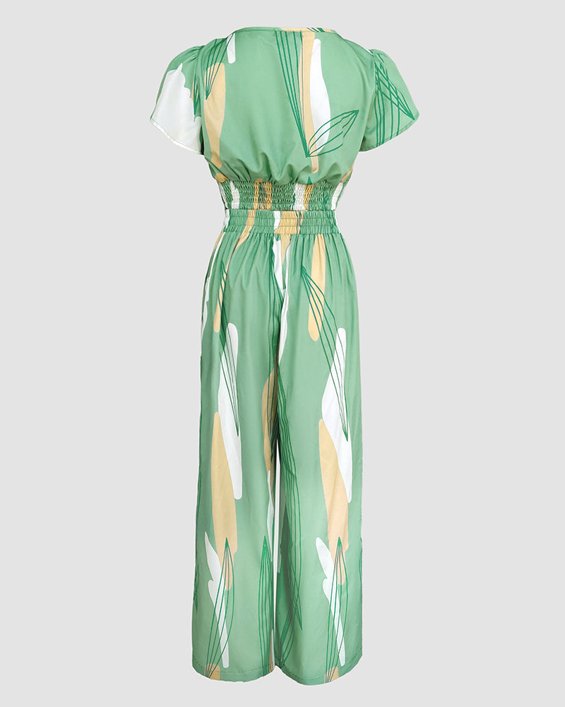 2 Pieces Outfit V Neck Petal Sleeve Tie Front Shirred Back Hem Crop Top and High Waist Elastic Back Waist Wide Leg Pants Set Casual Colorblock Abstract Print Set - Image 7