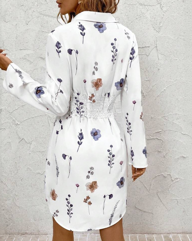 Watercolor Floral Print Turn-down Collar Turn-Up Sleeves Shirred Back Shirt Dress Casual Button Down Cinched Waist Asymmetrical Hem Vacation Dress - Image 2
