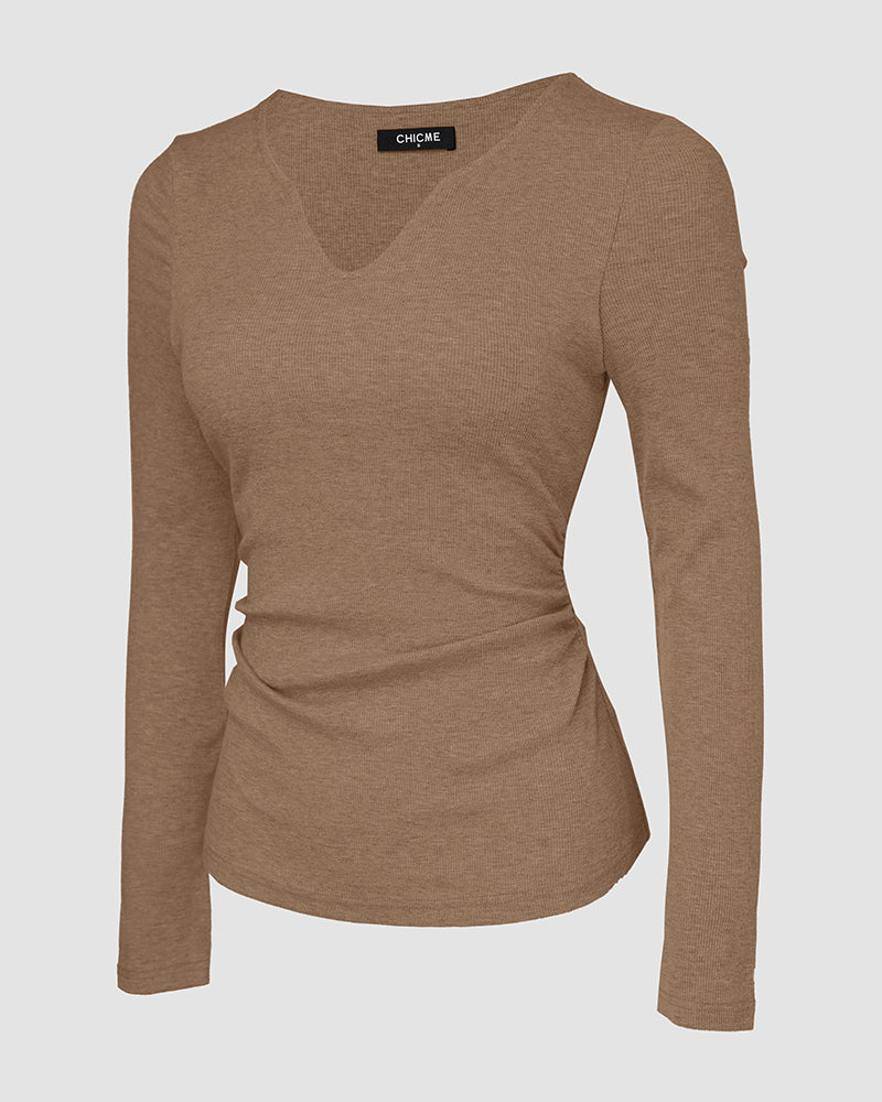 Chicme Built In Bra Notch Neck Long Sleeve Shirts Rib Knit Ruched Waist Top - Image 26