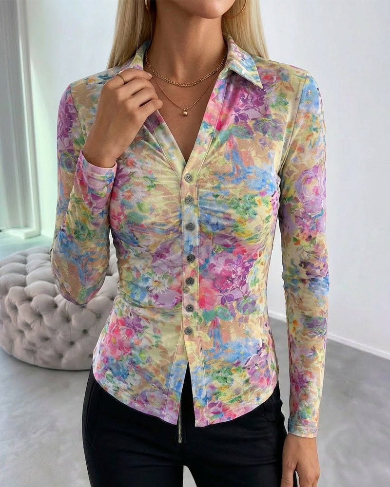 Watercolor Floral Print Turn-down Collar V-Neck Button Front Shirt Slim Fit Long Sleeve Ruched Sheer Mesh Top - Image 3