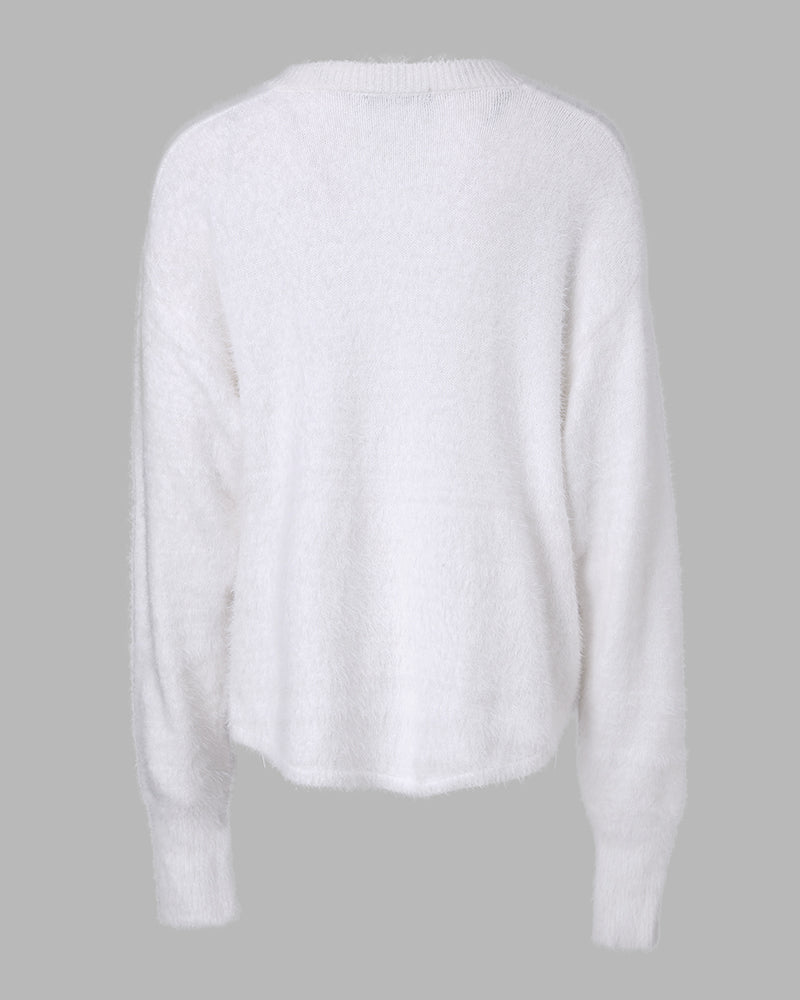 V-Neck Long Sleeve Beaded Decor Oversized Sweater Fluffy Pullover Top - Image 8