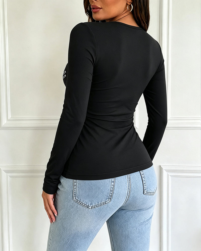 Women's Deep V Neck Rhinestone Top Slim Fit Long Sleeve Ribbed Knit Tee Sparkly Blouse - Image 2