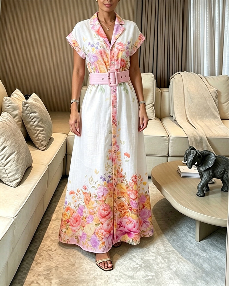 Women's Floral Print Maxi Dress Notched Collar Button Down Swing Dress Elegant French Style Vacation Dress with Belt - Image 4