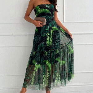 Women's Tropical Leaf Print Tube Maxi Dress Sexy Sheer Mesh Rhinestone Ruched Long Dress with Detachable Clear Straps