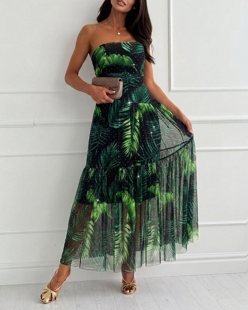 Women's Tropical Leaf Print Tube Maxi Dress Sexy Sheer Mesh Rhinestone Ruched Long Dress with Detachable Clear Straps