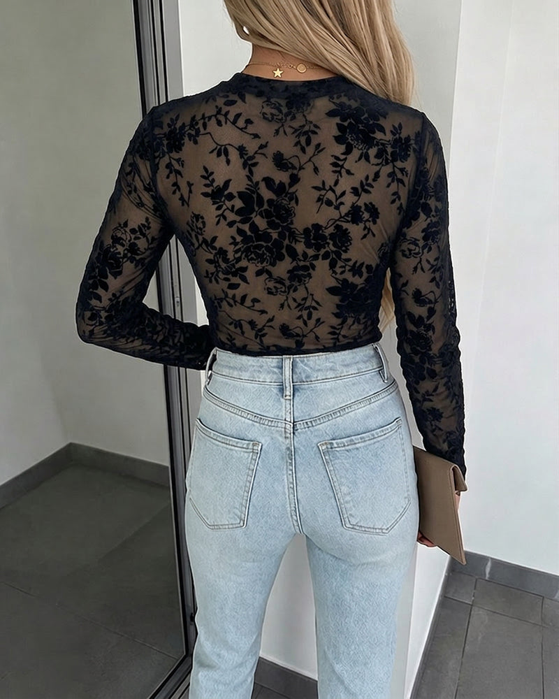 Women's Mesh Flocked Floral Top Lined Sheer Long Sleeve Tee Crewneck Slim Fit Layering Under Base Top with Thumbholes - Image 2