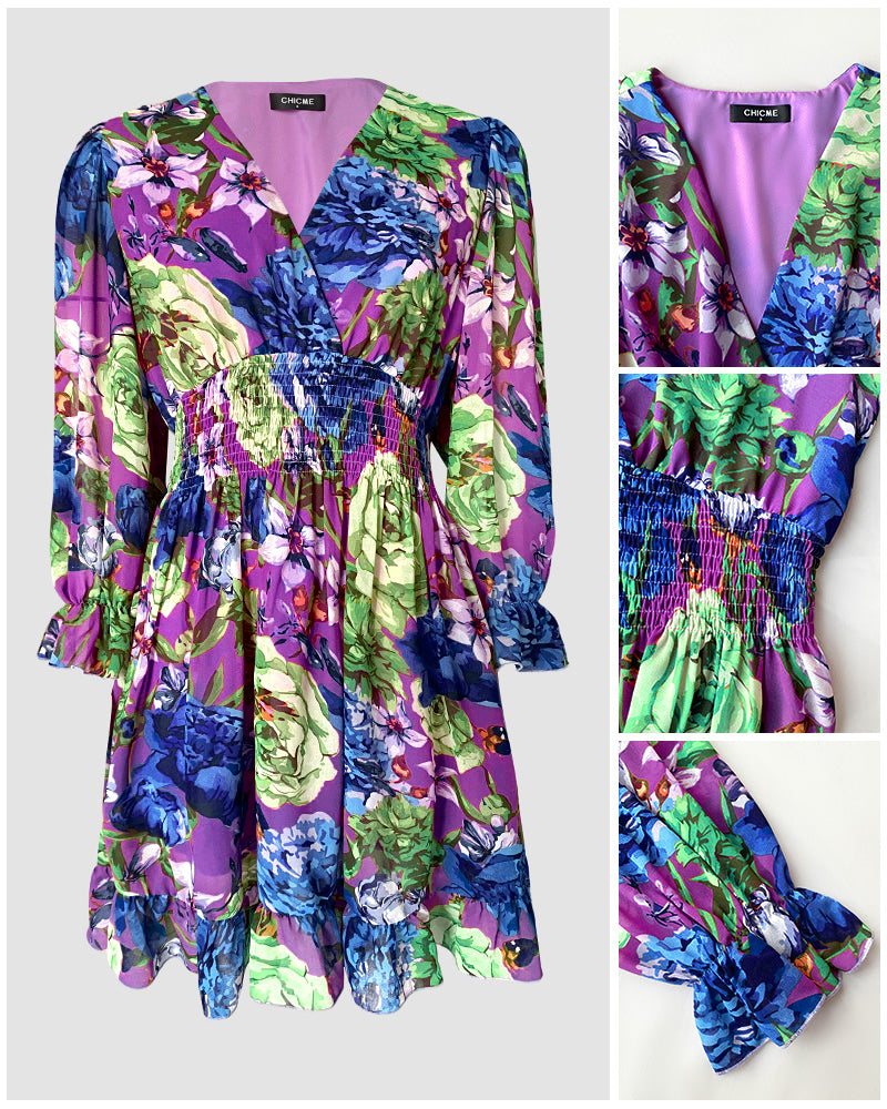 Floral Print Overlap V Neck Long Sleeve Shirred Waist Ruffle Hem Dress Casual Cinched Waist Flared Cuffs Chiffon Vacation Dress with Lining - Image 7
