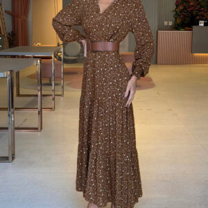 Women's VintageDitsy Floral Maxi Dress Overlap V Neck Puff Sleeve Shirred A Line Ruffle Hem Dress with Pockets