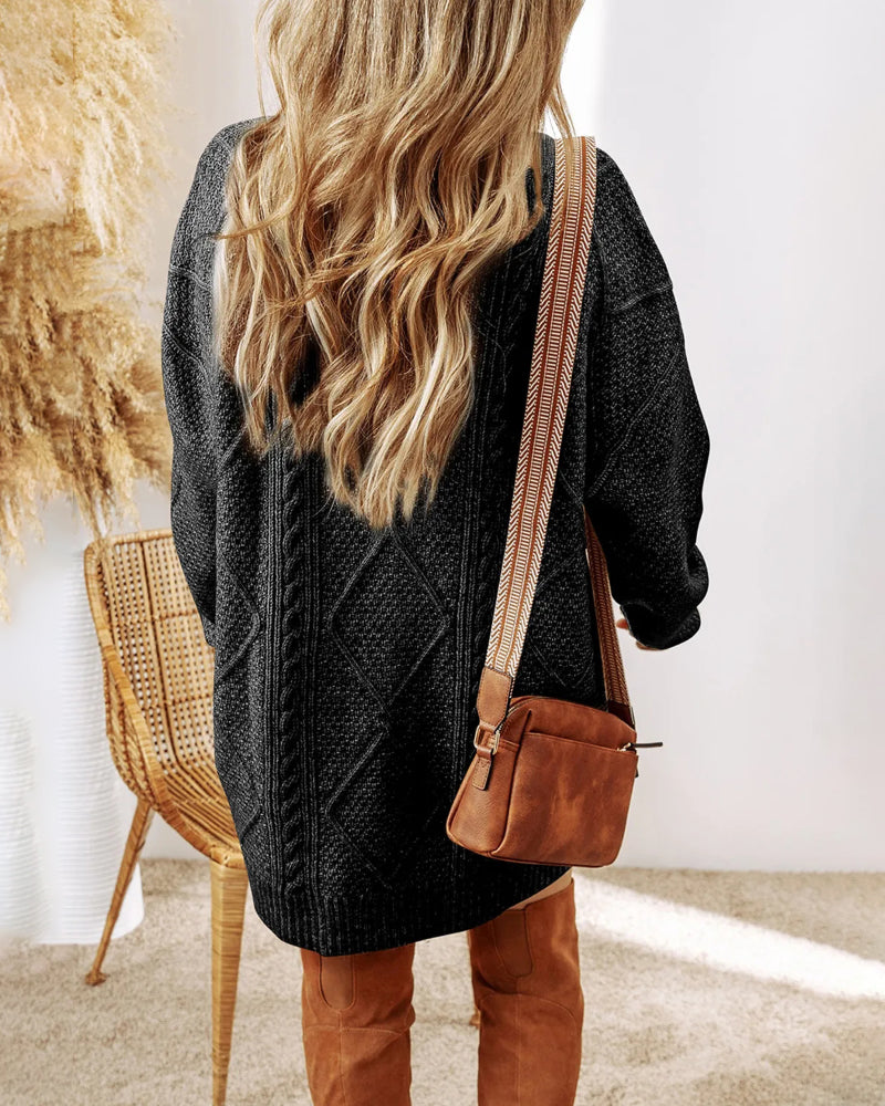 Round Neck Long Sleeve Drop Shoulder Pullover Sweater Casual Loose Fit Cable Knit Mid Length Sweater - Image 10