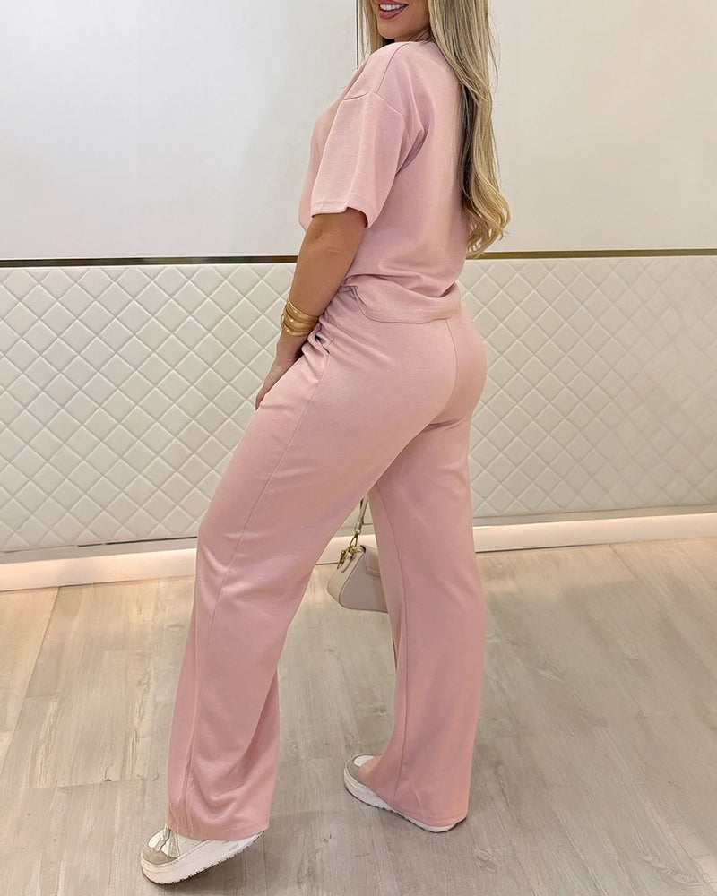 2 Pieces Outfit O-neck Short Sleeve Side Slit Top and Casual Drawstring Elastic Waist Seam Front Wide Leg Pants Set - Image 9