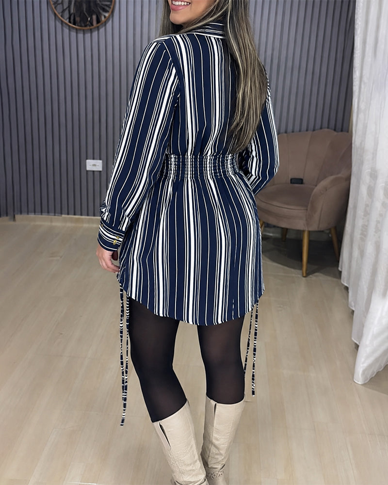 Women's Striped Shirt Dress Button Down Long Sleeve Shirred Waist Casual Dress - Image 13