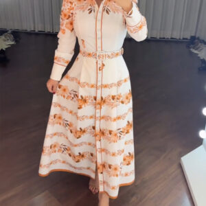 Floral Placement Print Turn-down Collar Puff Sleeve Vacation Dress Casual Button Down Shirt Dress With Belt and Lining