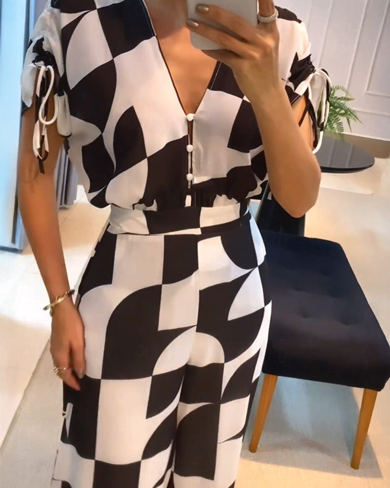 Geometric Print V-Neck Drawstring Short Sleeve Button Front Overalls Casual High Waist Zipper Back Wide Leg Jumpsuit - Image 3