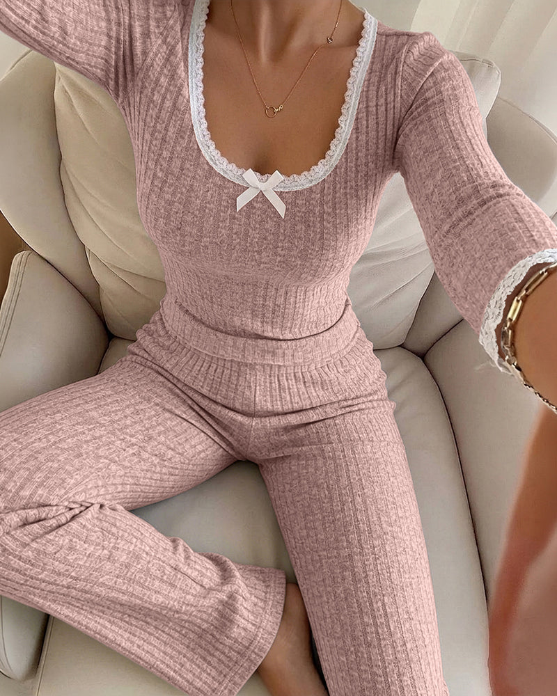 Women's 2 Piece Ribbed Lounge Sets Lace Trim Long Sleeve Top and High Waisted Pants Pajamas Sets with Pockets - Image 14