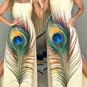 Women's Peacock Feather Print Maxi Dress Square Neck Thick Strap Side Slit Sundress Casual Vacation Dress with Pockets