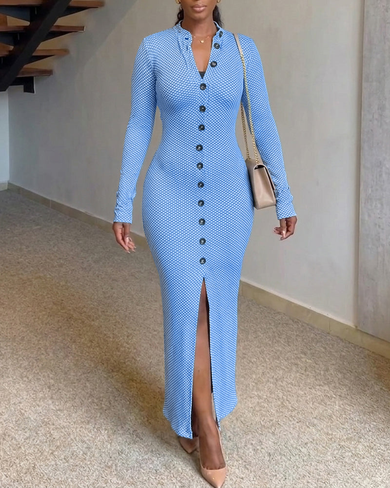 Women's Vintage Plaid Button Front Slit Maxi Dress Long Sleeve Stand Collar Slim Fit Knit Dress - Image 6