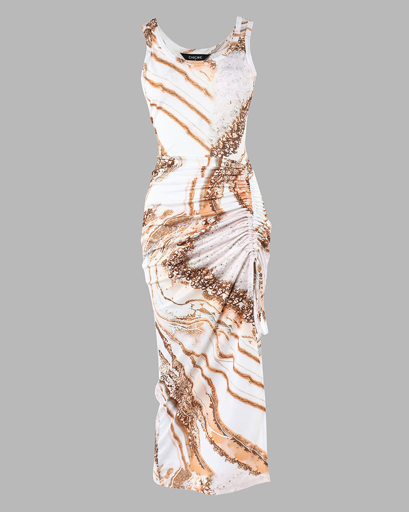 Marble Print U-Neck Sleeveless Ribbed Dress Casual Drawstring Ruched High Slit Vacation Dress - Image 5