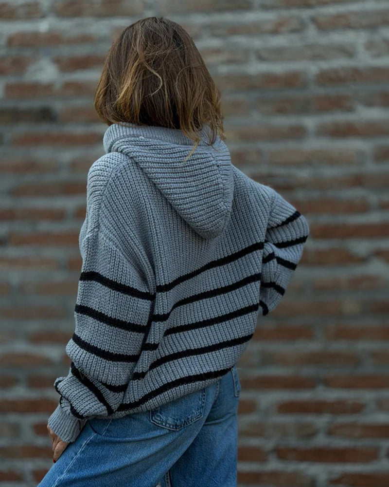 Women's Striped Henley Drawstring Hooded Sweater Loose Fit Lantern Sleeve Knit Pullover - Image 17
