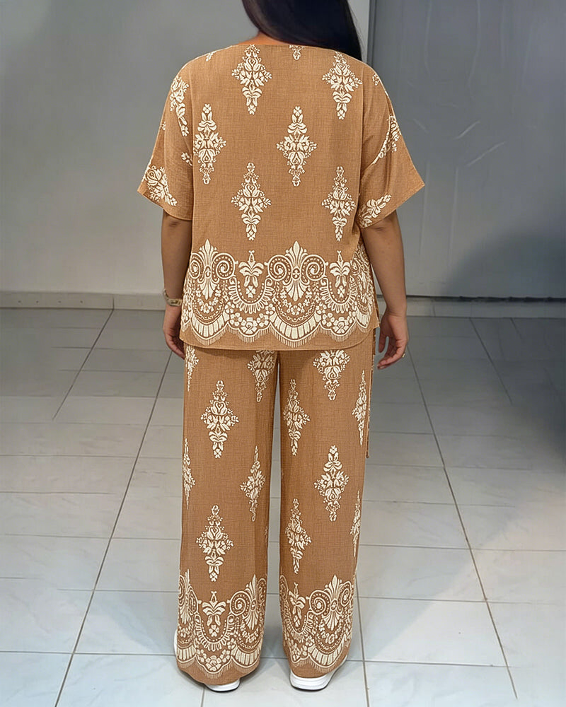 Women's Vintage Print 2 Piece Outfits V Neck Drawstring Ruched Top and Wide Leg Pants Set Casual Loose Loungewear - Image 2