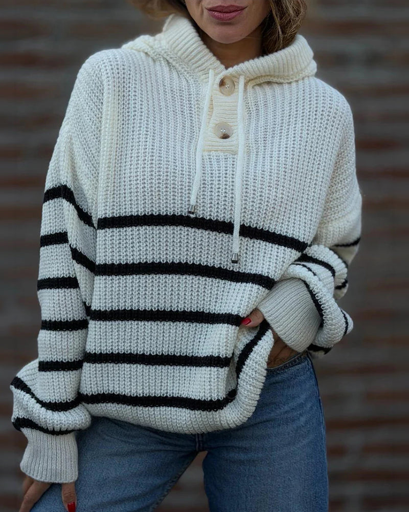 Women's Striped Henley Drawstring Hooded Sweater Loose Fit Lantern Sleeve Knit Pullover