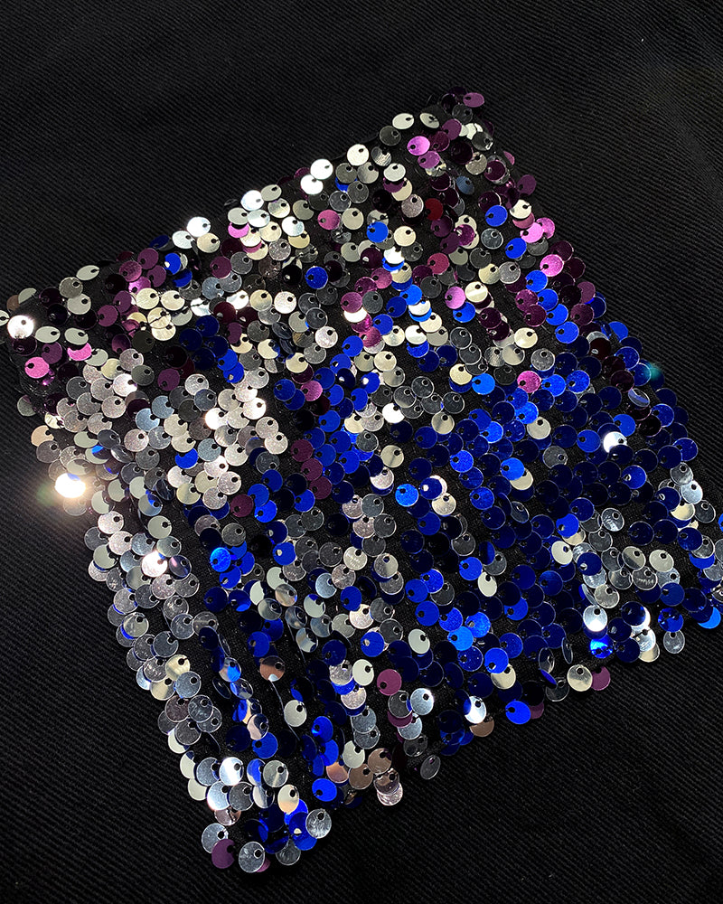 Colorblock Sequin Patchwork Long Sleeve Jacket Top Button Front Raw Hem Shacket - Image 4