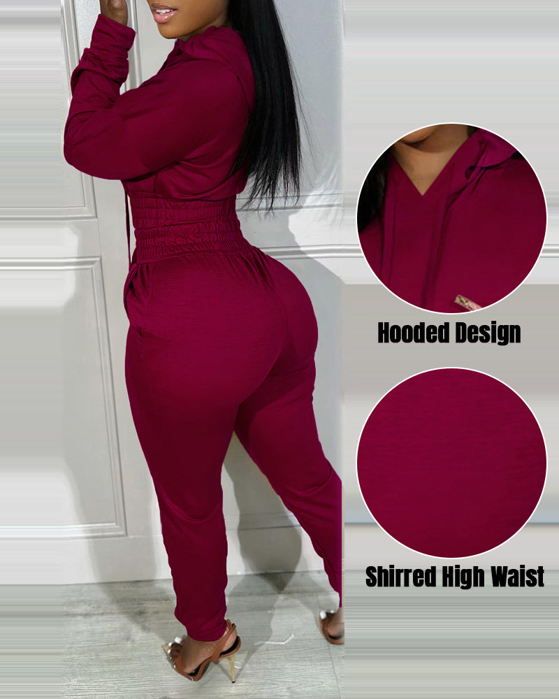 2 Pieces Outfit Drop Shoulder Kangaroo Pocket Stretchy Hem Crop Drawstring Hoodie Sweatshirt And Drawstring Elastic Waist Jogger Sweatpants Casual Tracksuit - Image 19