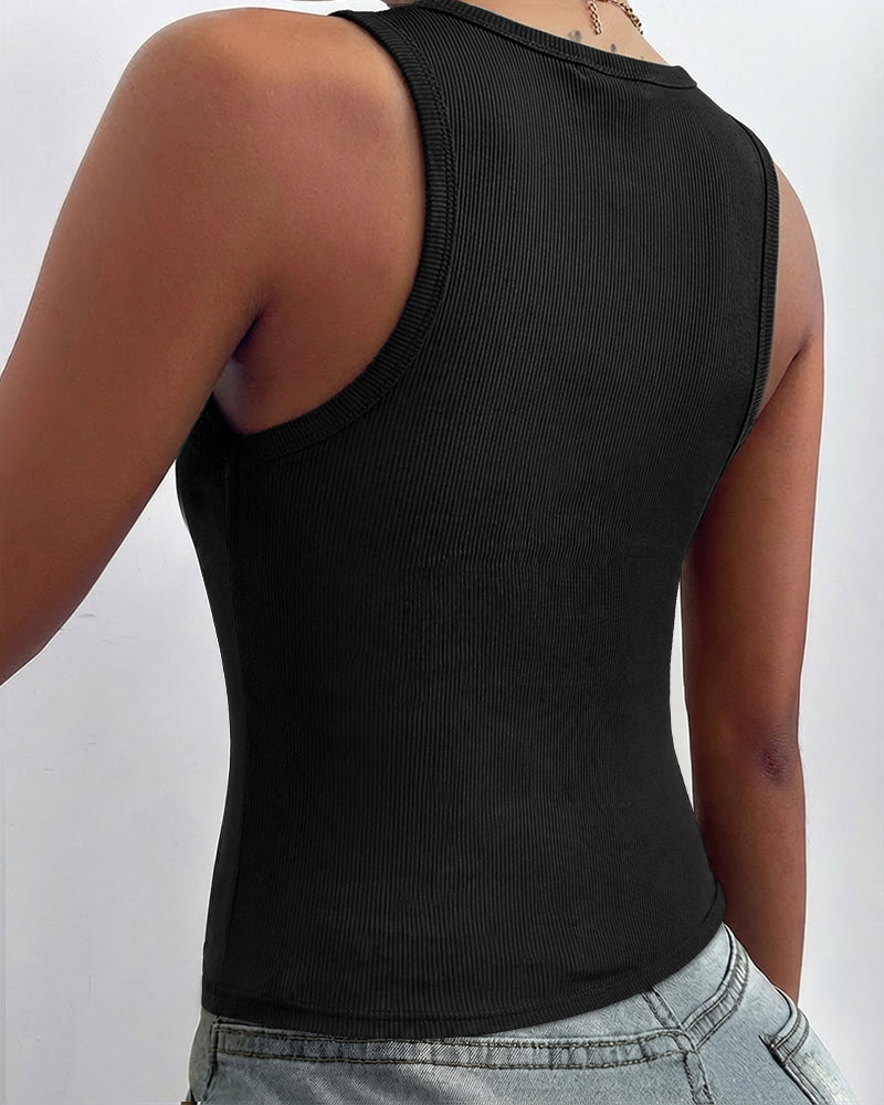 Women's Ribbed Knit Tank Top Adjustable Buckle Strap Side Ruched Knit Top Curved Hem Slim Fit Vest - Image 2