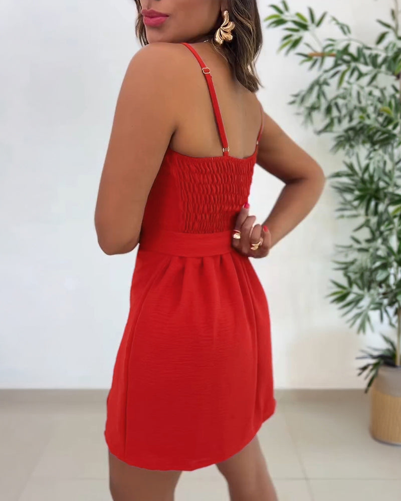 Square Neck Adjustable Spaghetti Straps Shirred Back Side Slit Romper Casual Cinched Waist Cami Skorts Romper with Belt - Image 2