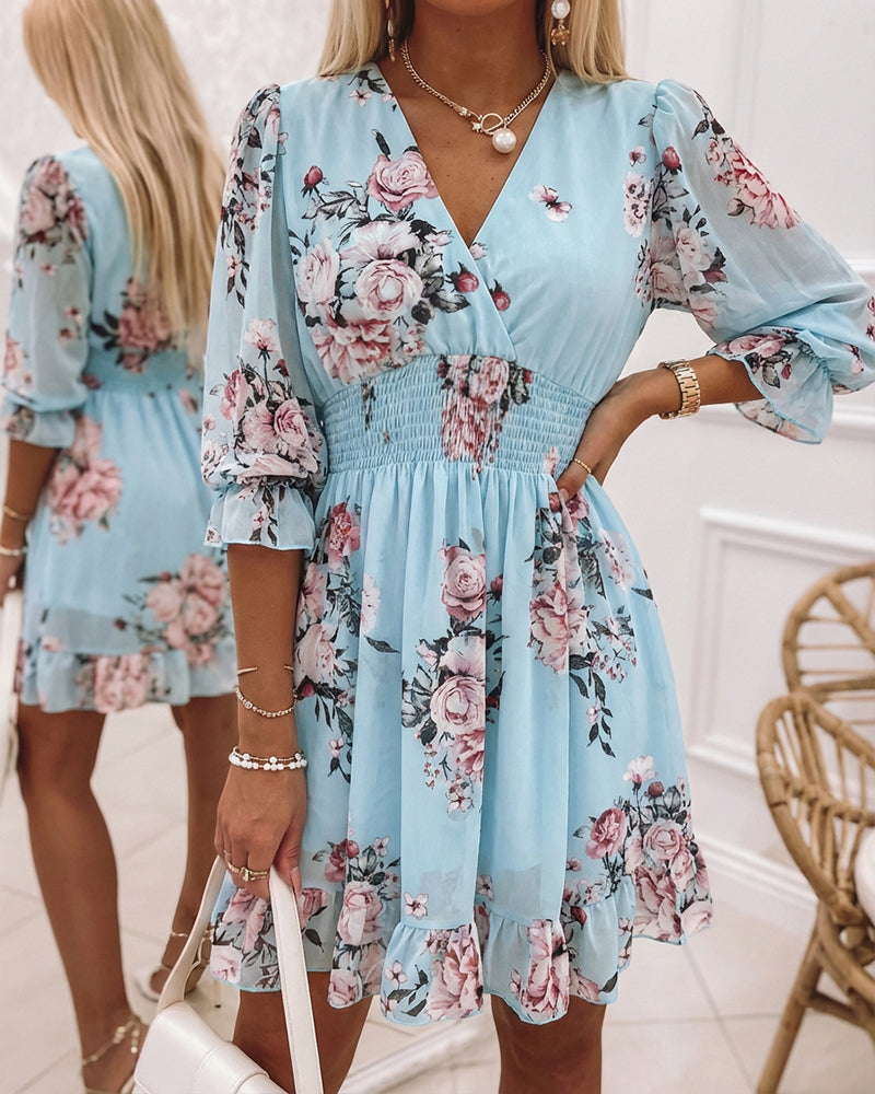 Floral Print Overlap V Neck Three Quarters Sleeve Shirred Waist Ruffle Hem Dress Casual Cinched Waist Flared Cuffs Chiffon Vacation Dress with Lining - Image 6