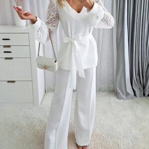 Women's Two Piece Outfits V-Neck Lace Long Sleeve Top and Wide Leg Pants Set Elegant Matching Set with Belt