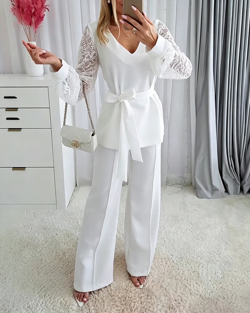 Women's Two Piece Outfits V-Neck Lace Long Sleeve Top and Wide Leg Pants Set Elegant Matching Set with Belt