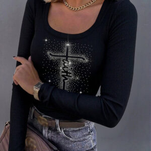 Women's Square Neck Long Sleeve Top Rhinestone Faith Letter Graphic Ribbed Knit Shirt Slim Fit Casual Sparkly Tee