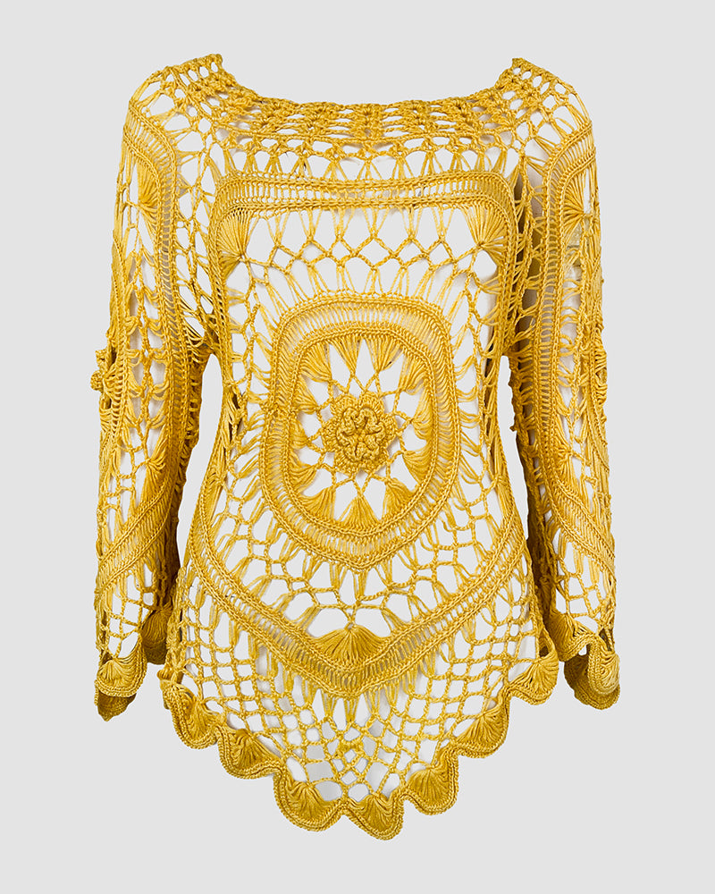 Women's Crochet Hollow Out Knit Top Batwing Sleeve Loose Cover Up Asymmetric Hem Sheer Bohemian Knitwear - Image 7