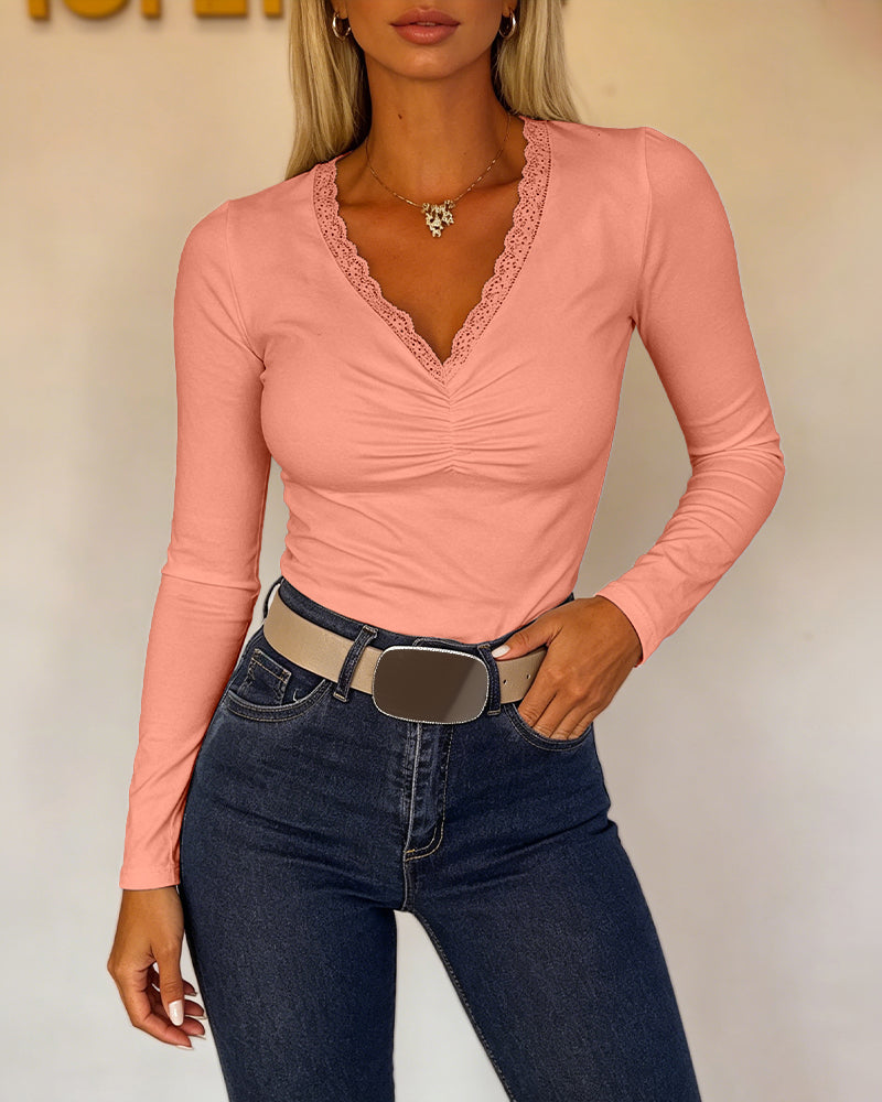 Women's Lace V Neck Ruched T Shirt Slim Fit Long Sleeve Tee Casual Elegant Top - Image 24