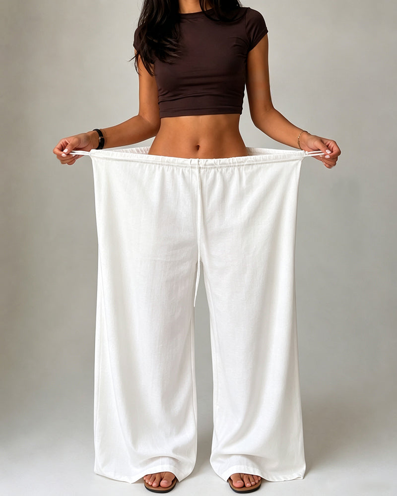 Women's High Waisted Wide Leg Pants Flowy Crinkle Casual Drawstring Lounge Trousers - Image 3