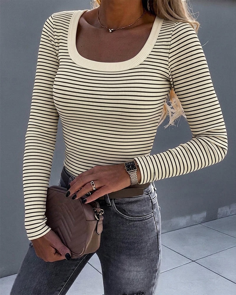 Women's Striped U-Neck Long Sleeve Slim Fit Ribbed Knit Top Casual Layering Top - Image 4