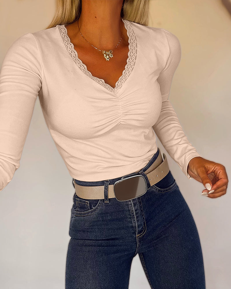 Women's Lace V Neck Ruched T Shirt Slim Fit Long Sleeve Tee Casual Elegant Top - Image 6