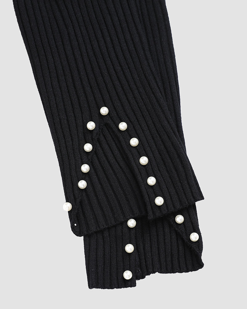 2 Piece Outfits Long Sleeve Beaded Side Slit Knit Top High Waist Skinny Pants Lounge Sets - Image 5