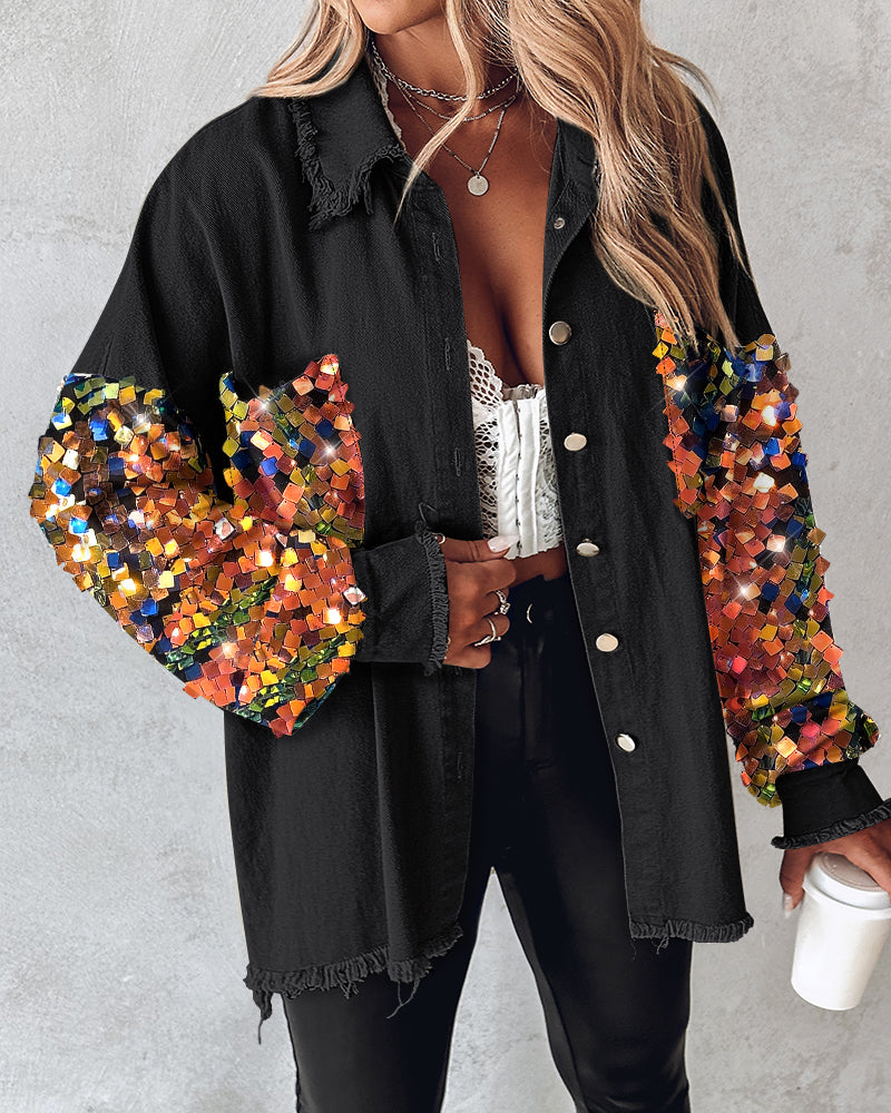 Contrast Sequin Long Sleeve Jacket Top Button Front Raw Hem Loose Fit Shacket - Image 12