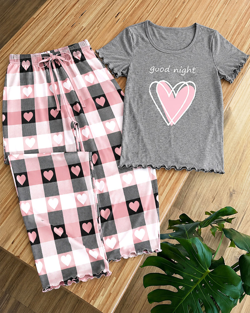 Women's Frill Hem Two Piece Pajama Set Heart Slogan Short Sleeve Top and Plaid Straight Leg Pants Casual Lounge Set - Image 4