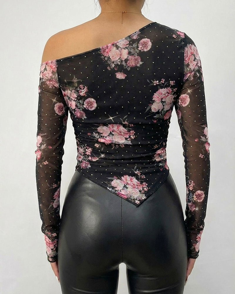 Women's Skew Neck Floral Mesh Top Rhinestone Long Sleeve Shirt Ruched Slim Fit Asymmetrical Hem Blouse with Thumbholes - Image 2