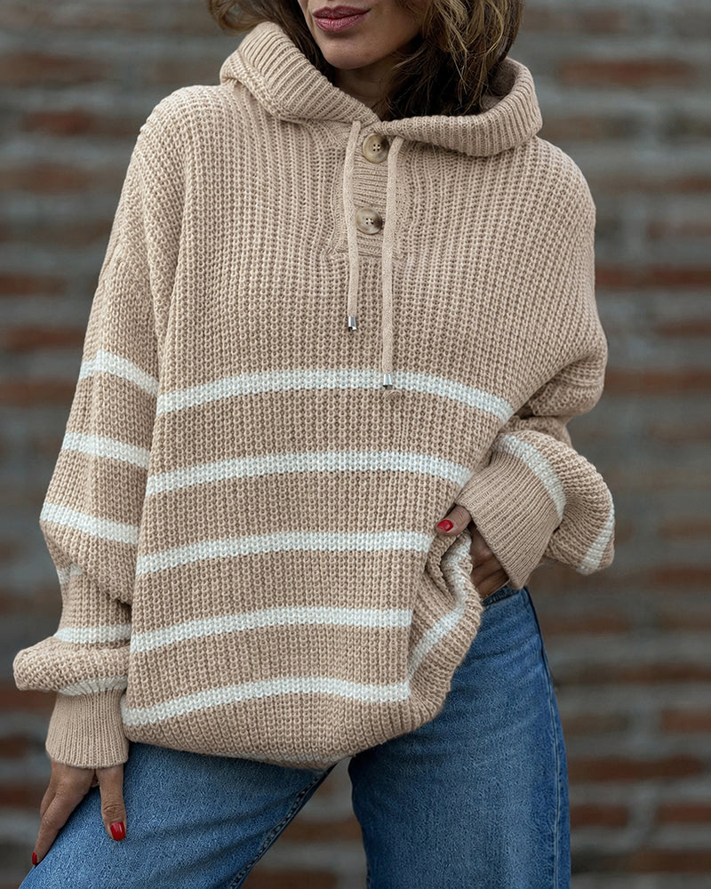 Women's Striped Henley Drawstring Hooded Sweater Loose Fit Lantern Sleeve Knit Pullover - Image 6
