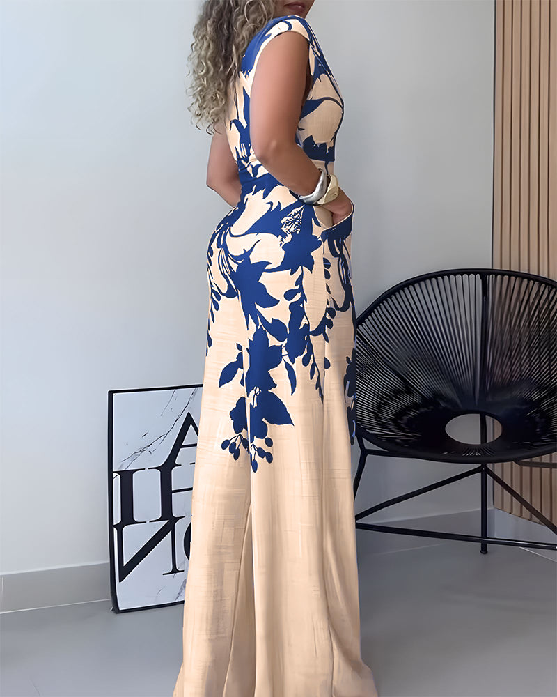 Floral Print Off Shoulder Sleeveless Deep V-Neck Jumpsuit Casual Zipper Side Wide Leg Jumpsuit - Image 2