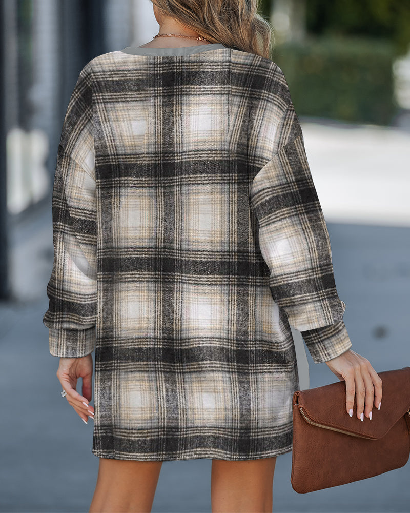 Plaid Print Spliced Long Sleeve Drop Shoulder Sweatshirt Casual Side Slit Top - Image 2
