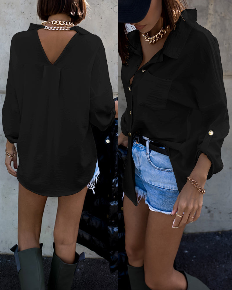 Metal Chain Decor Turn-down Collar Turn-Up Sleeves Front Button Shirt Casual Backless Asymmetrical Hem Top - Image 14
