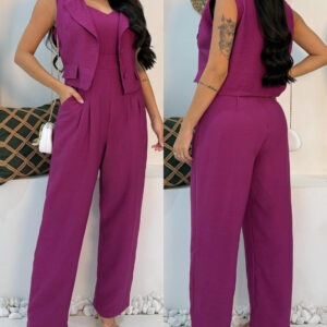 2 Pieces Outfit Sleeveless Notched Collar Crop Vest and Casual Spaghetti Strap Wide Leg Jumpsuit
