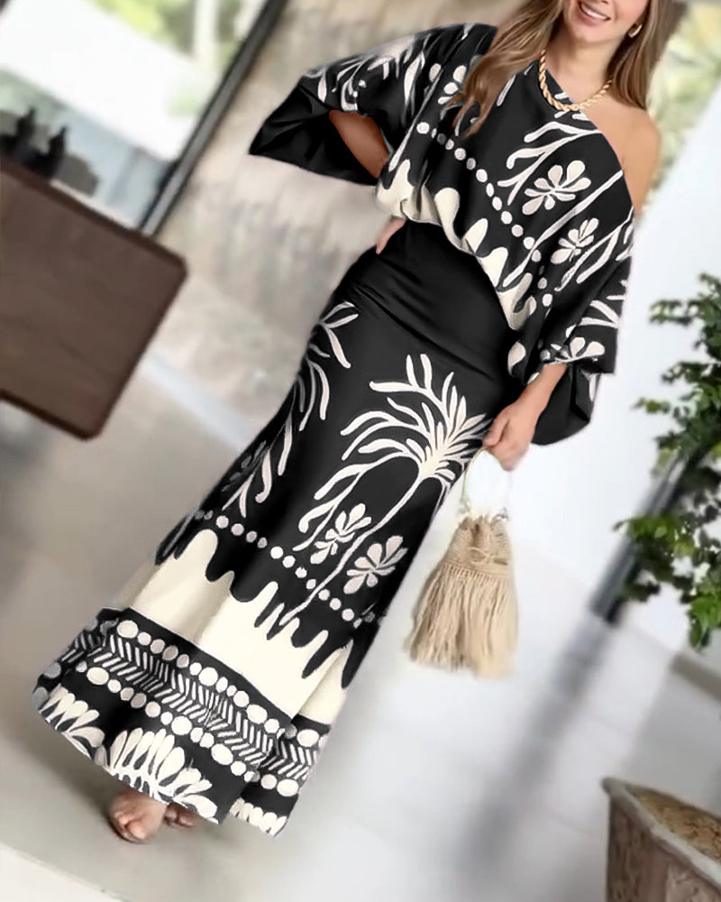 2 Pieces Outfit Skew Neck Lantern Sleeve Loose Fit Top and High Waist Elastic Waist Fishtail Maxi Skirt Set Casual Tropical Print Vacation Set - Image 12