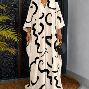 Women's Abstract Print Caftan Dress Loose V Neck Batwing Sleeve Maxi Dress Hollow Out Long Robe with Pockets